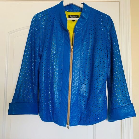 dianaira Royal Blue Perforated Floral Pattern Lambskin Leather Blazer Jacket - Picture 1 of 9